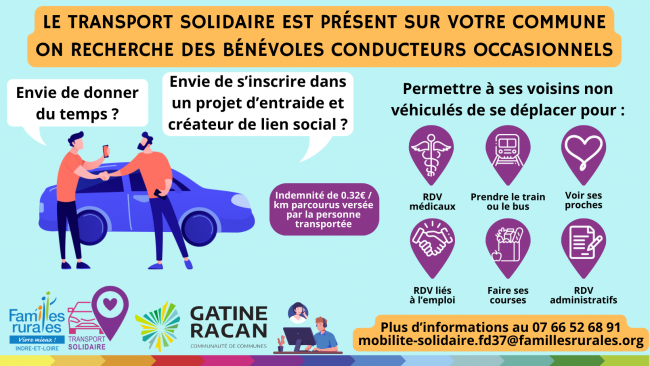 Visuel recherche bénévoles Gatine Racan mobilité solidaire